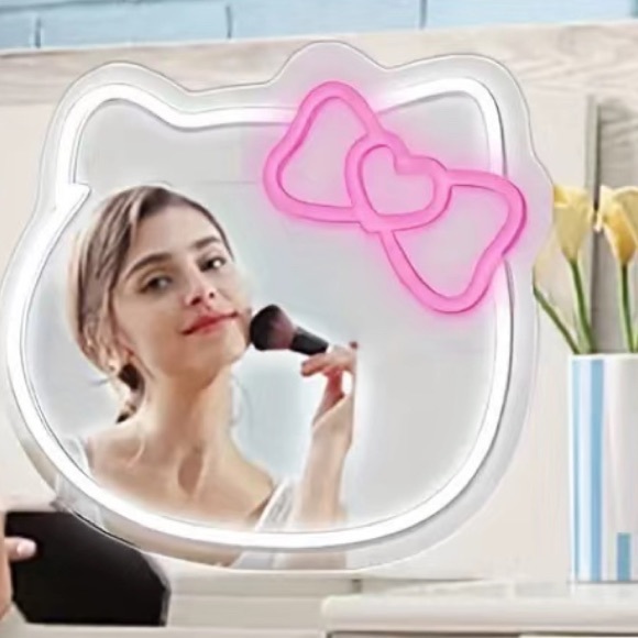 Hello Kitty Neon Dimmable Illuminated Wall Mirror - White with Pink Bow - Picture 2 of 3